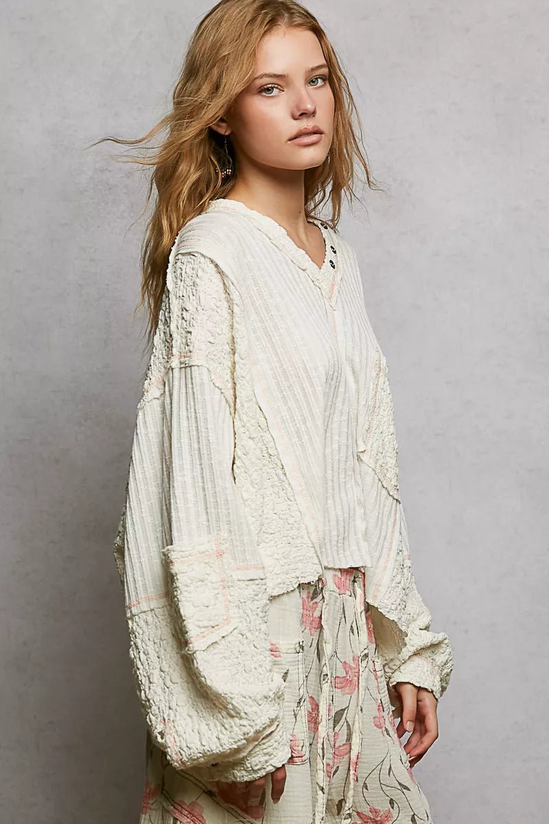 POL V - Neck Long Sleeve Top with Stitch Detail - 