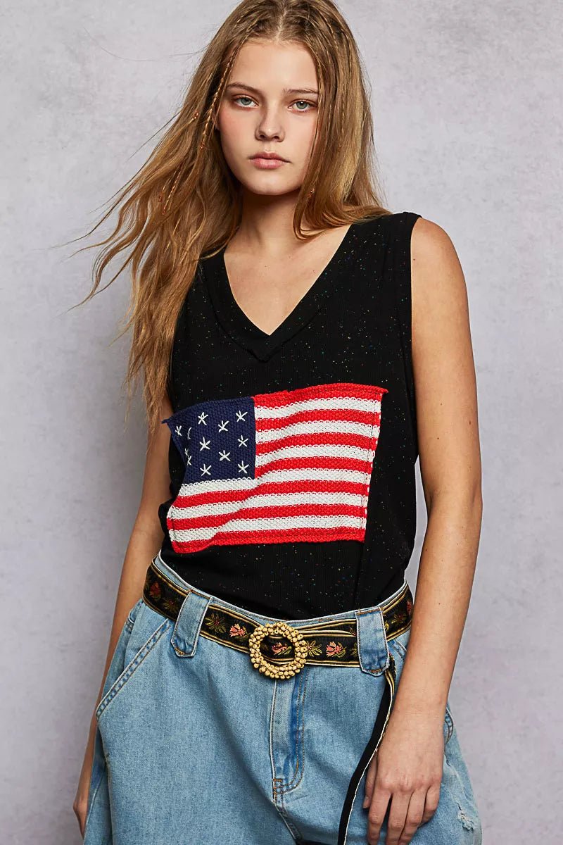 POL V - Neck Ribbed Tank with American Flag Patch and Star Back Patch - 