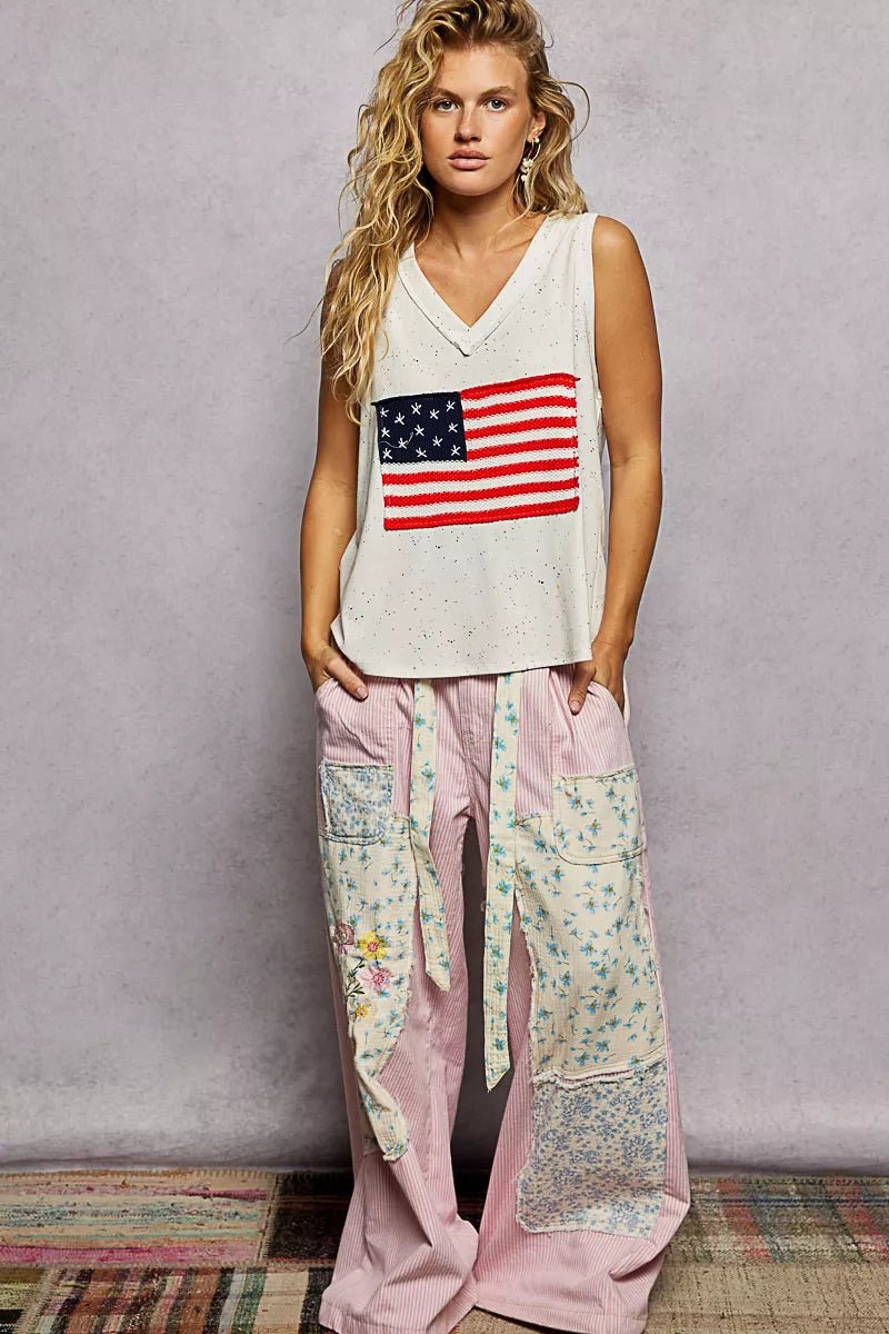 POL V - Neck Ribbed Tank with American Flag Patch and Star Back Patch - 