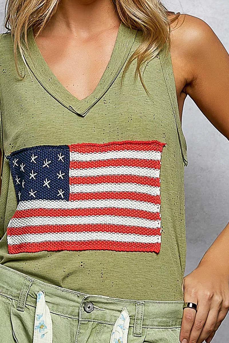 POL V - Neck Ribbed Tank with American Flag Patch and Star Back Patch - 