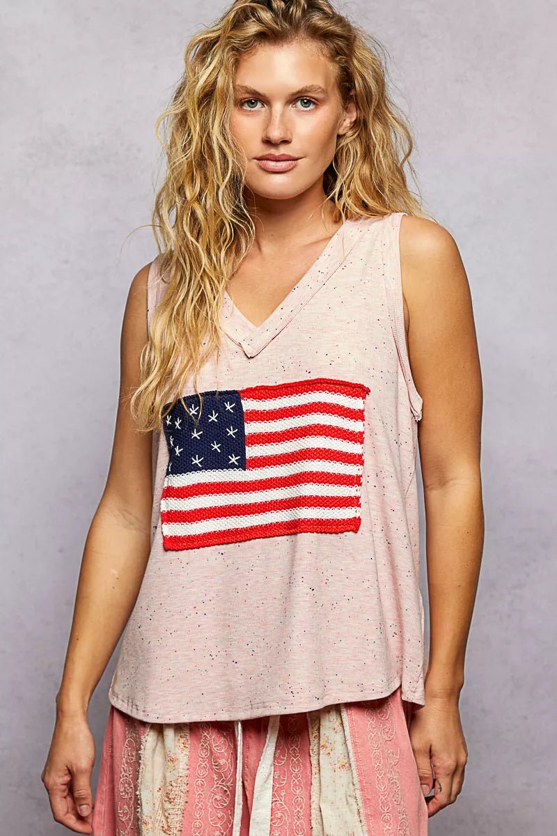POL V - Neck Ribbed Tank with American Flag Patch and Star Back Patch - 