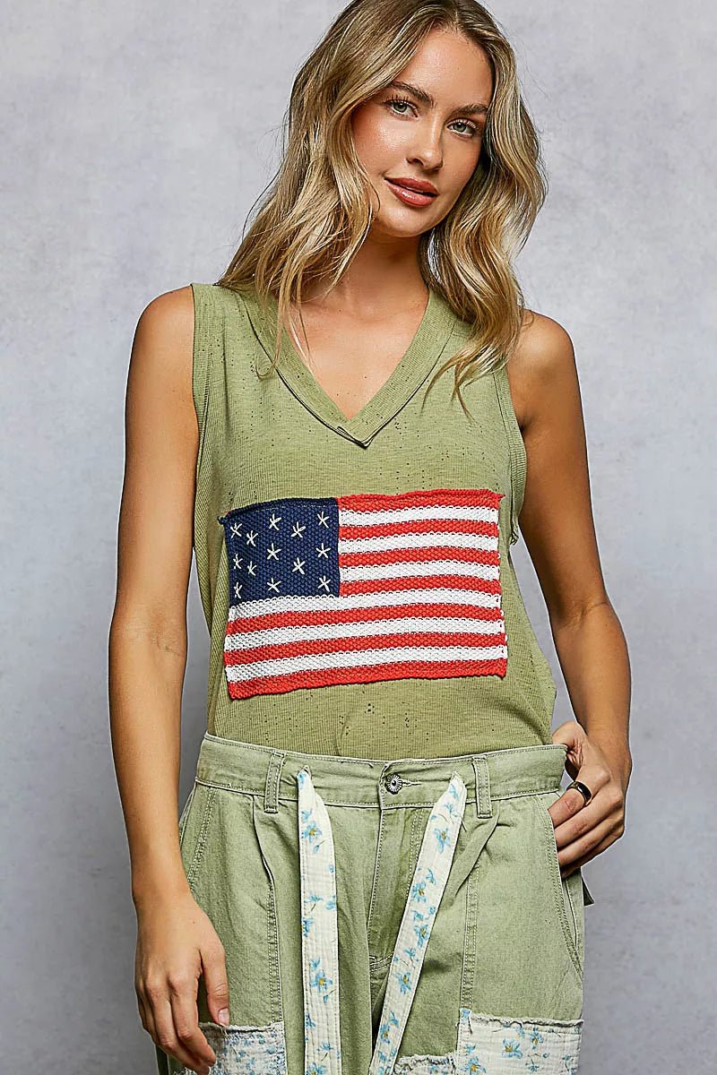 POL V - Neck Ribbed Tank with American Flag Patch and Star Back Patch - 