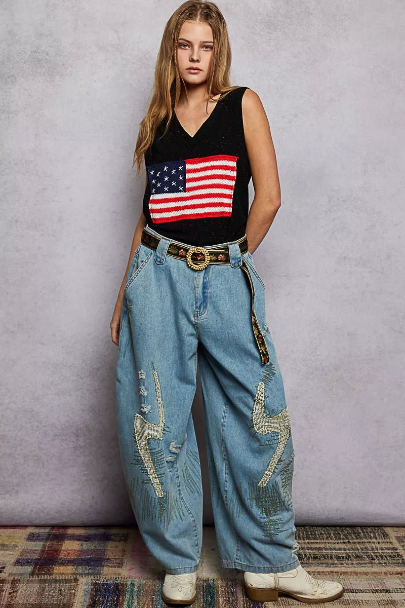 POL V - Neck Ribbed Tank with American Flag Patch and Star Back Patch - 