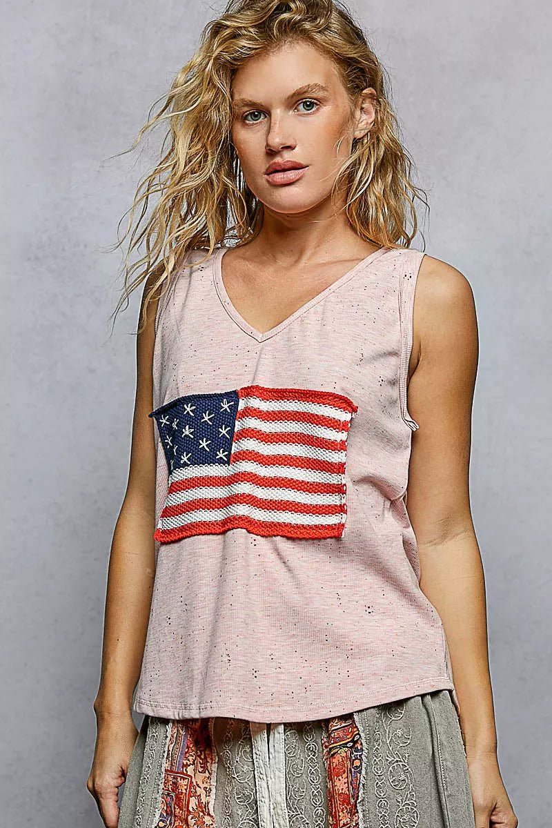 POL V - Neck Ribbed Tank with American Flag Patch and Star Back Patch - 
