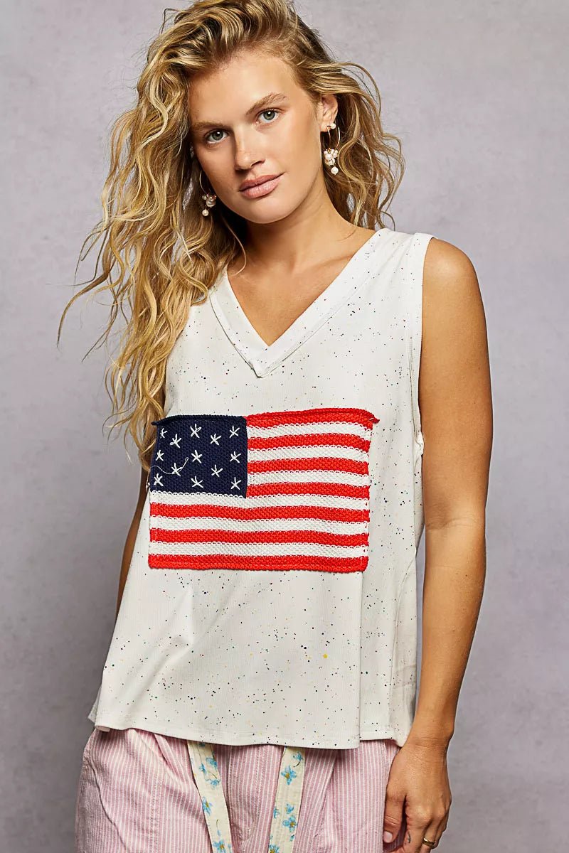 POL V - Neck Ribbed Tank with American Flag Patch and Star Back Patch - 