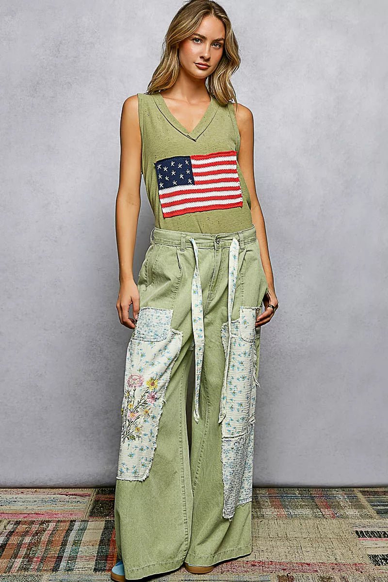 POL V - Neck Ribbed Tank with American Flag Patch and Star Back Patch - 