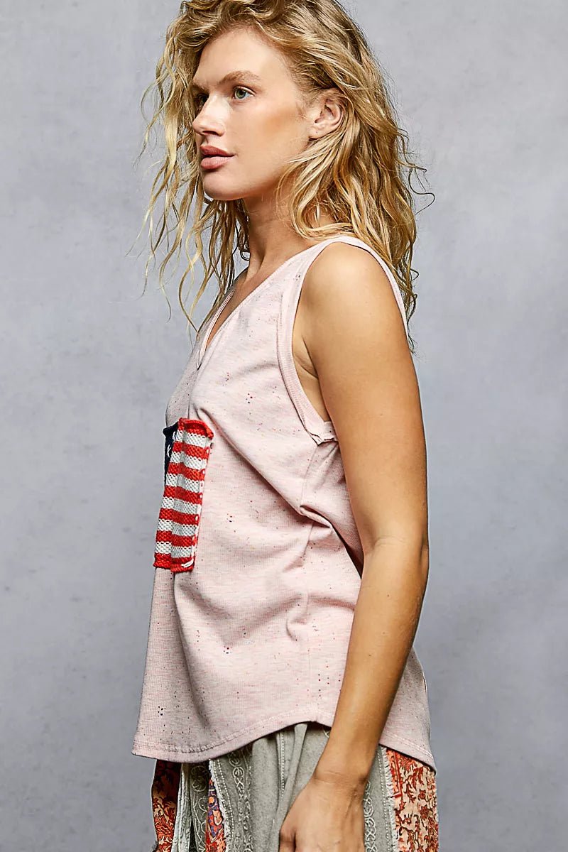 POL V - Neck Ribbed Tank with American Flag Patch and Star Back Patch - 
