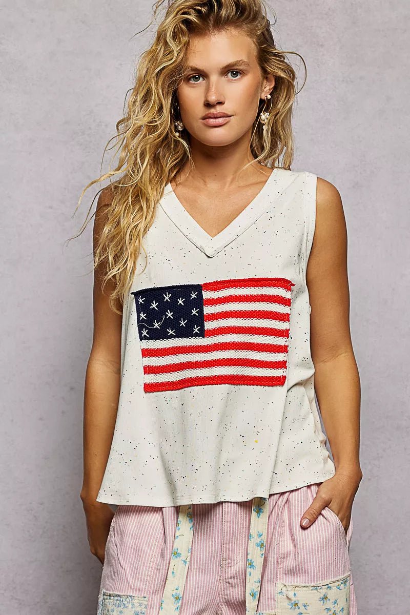 POL V - Neck Ribbed Tank with American Flag Patch and Star Back Patch - 