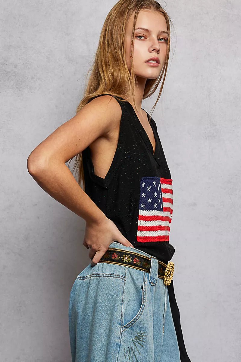POL V - Neck Ribbed Tank with American Flag Patch and Star Back Patch - 
