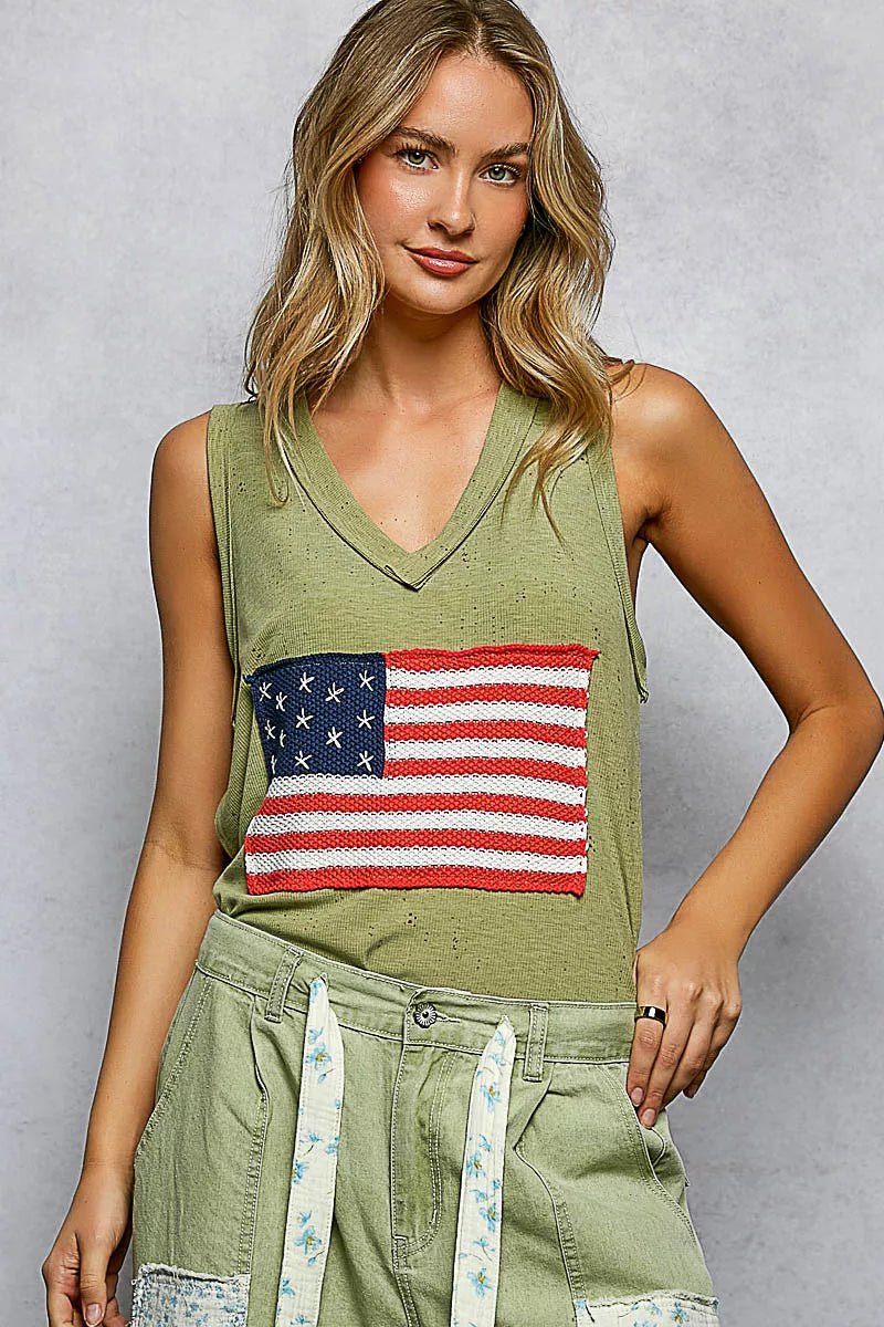 POL V - Neck Ribbed Tank with American Flag Patch and Star Back Patch - 