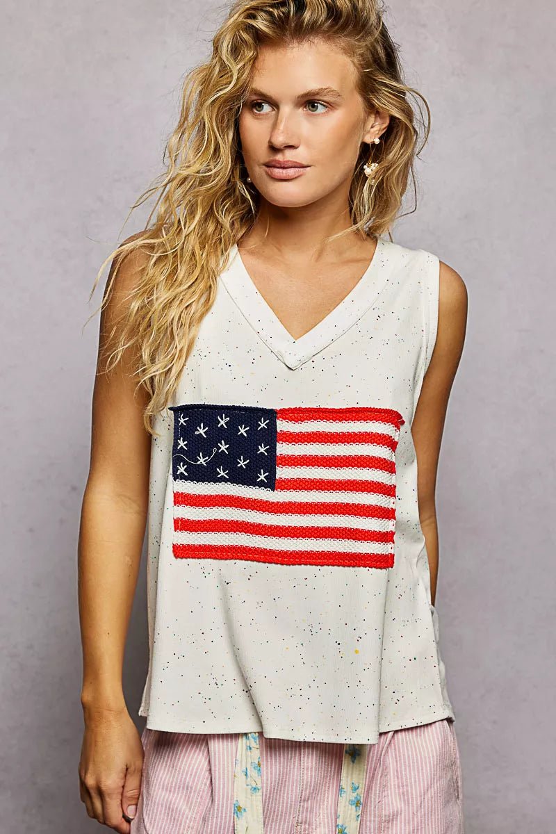 POL V - Neck Ribbed Tank with American Flag Patch and Star Back Patch - 