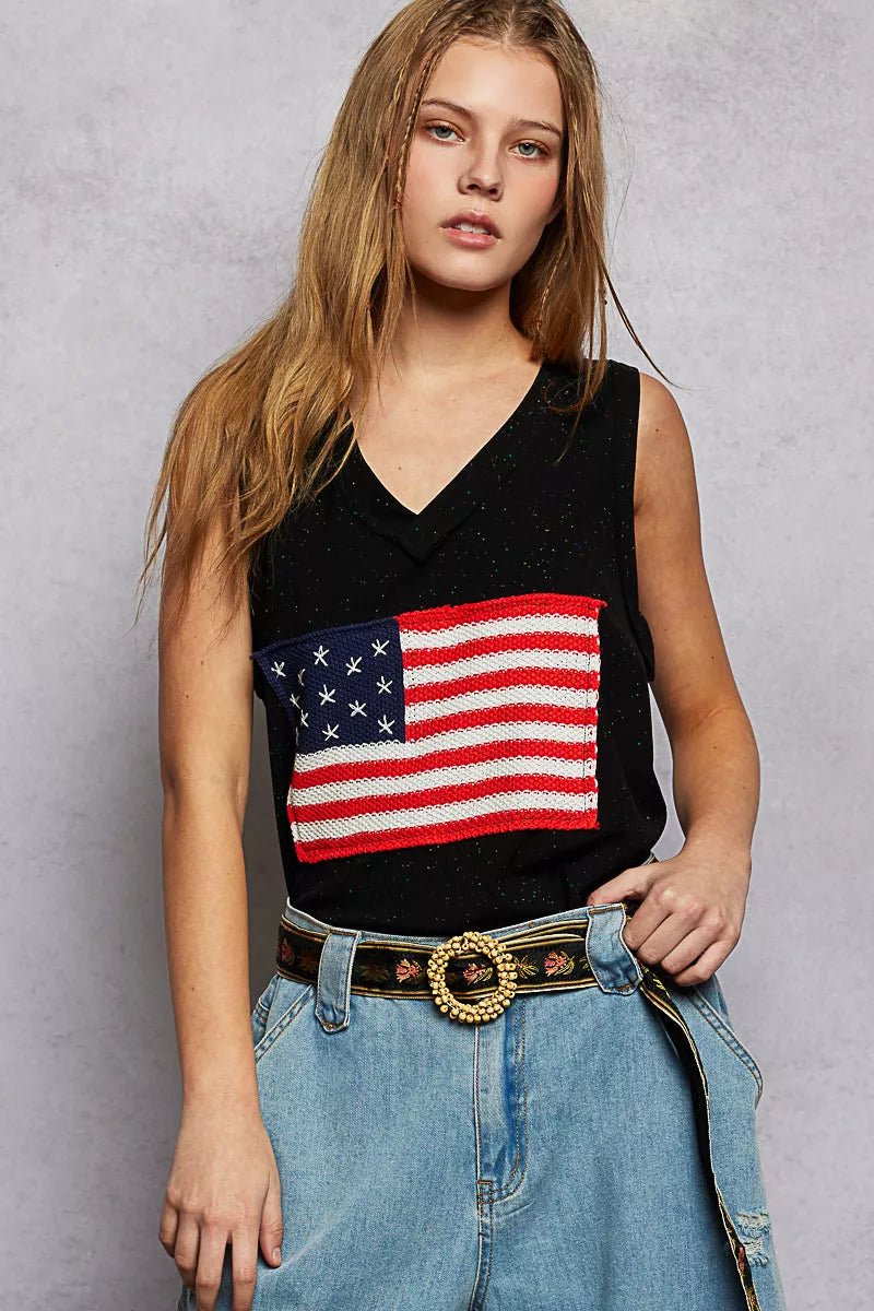POL V - Neck Ribbed Tank with American Flag Patch and Star Back Patch - 