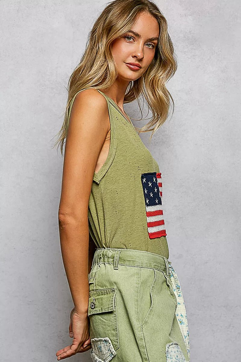 POL V - Neck Ribbed Tank with American Flag Patch and Star Back Patch - 