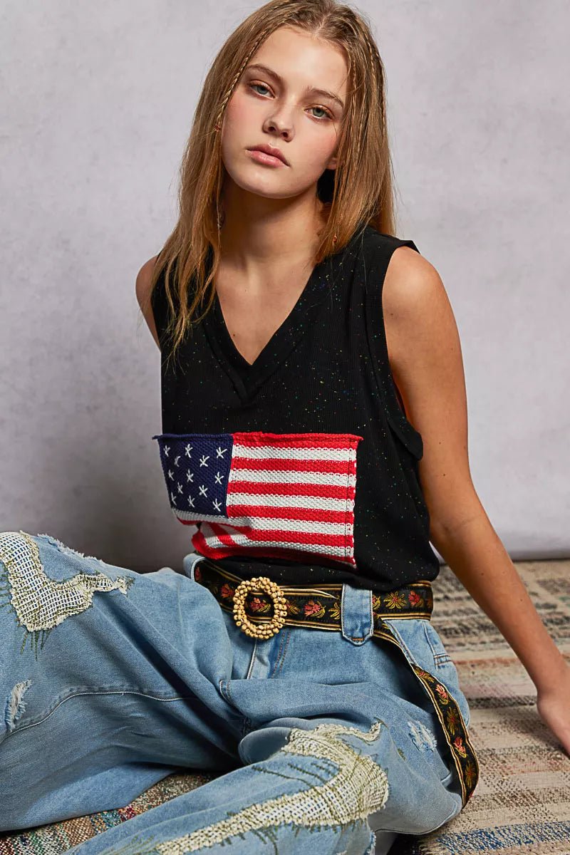POL V - Neck Ribbed Tank with American Flag Patch and Star Back Patch - 