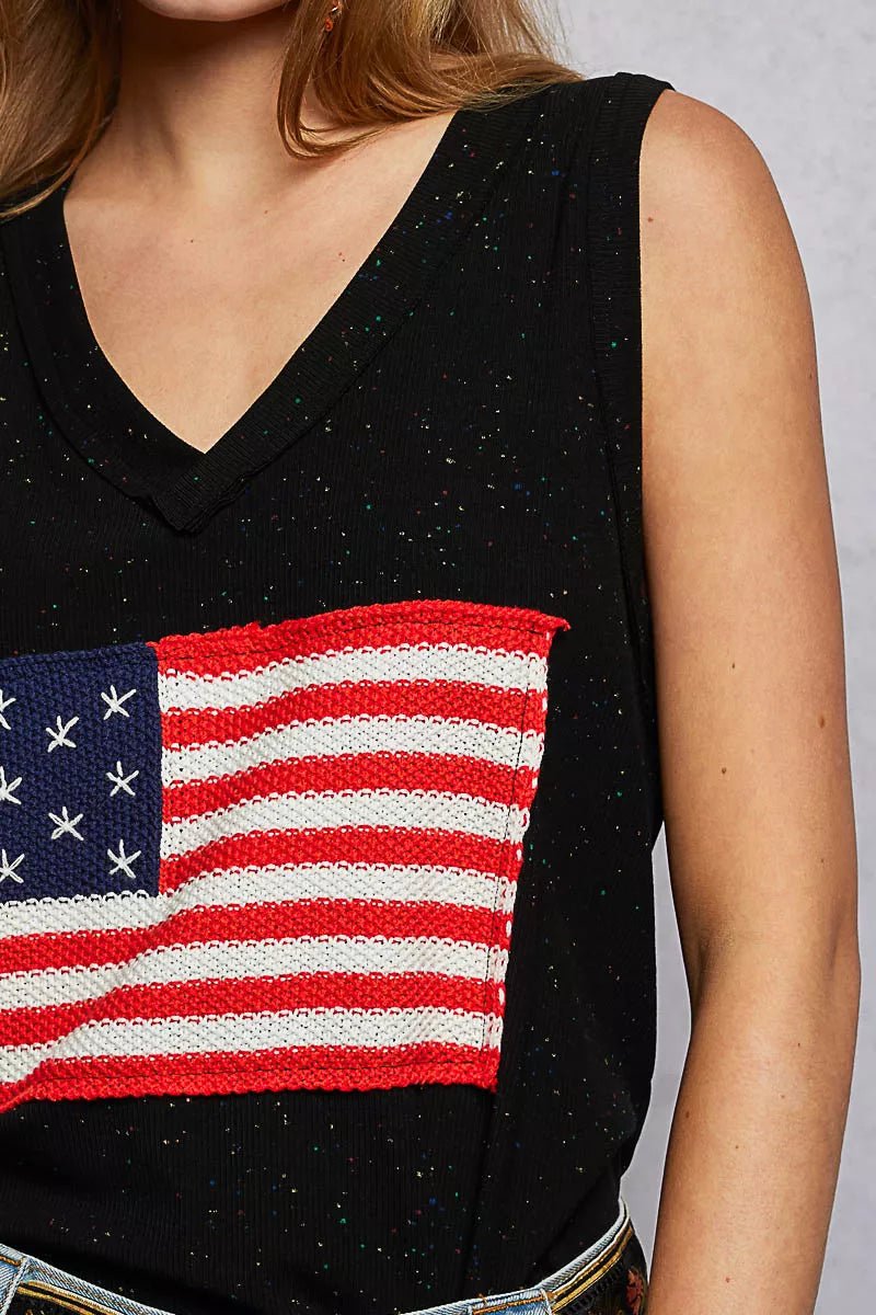 POL V - Neck Ribbed Tank with American Flag Patch and Star Back Patch - 