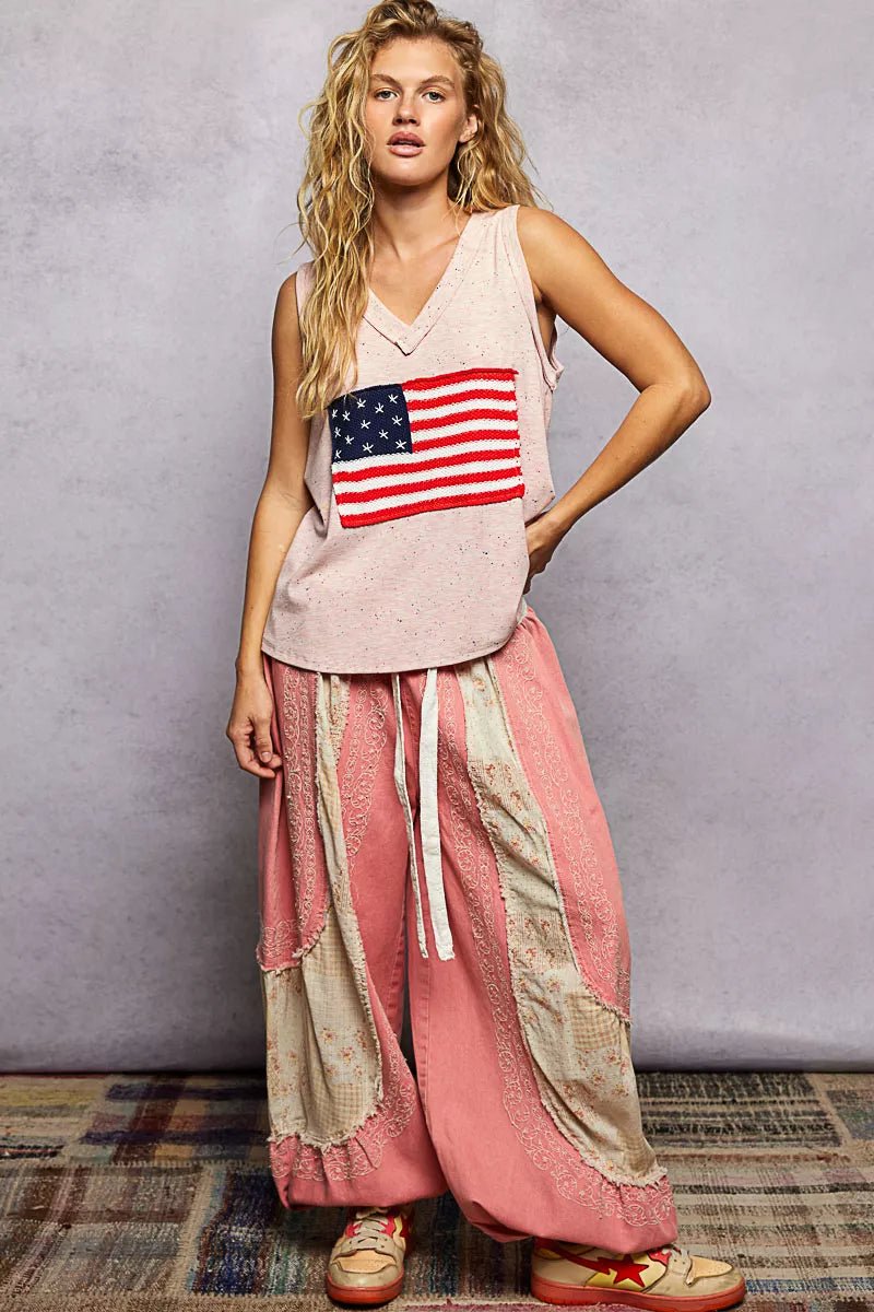POL V - Neck Ribbed Tank with American Flag Patch and Star Back Patch - 