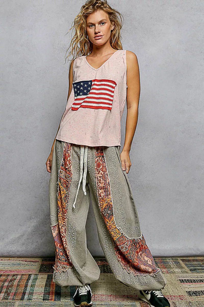POL V - Neck Ribbed Tank with American Flag Patch and Star Back Patch - 