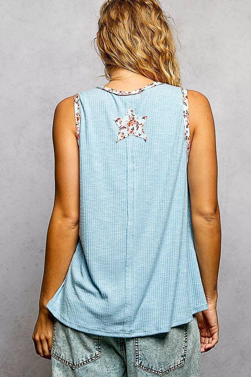 POL Washed Ribbed V - Neck Tank with Floral Print Star Patch - 