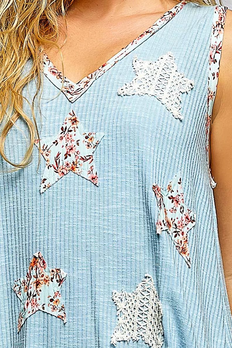 POL Washed Ribbed V - Neck Tank with Floral Print Star Patch - 