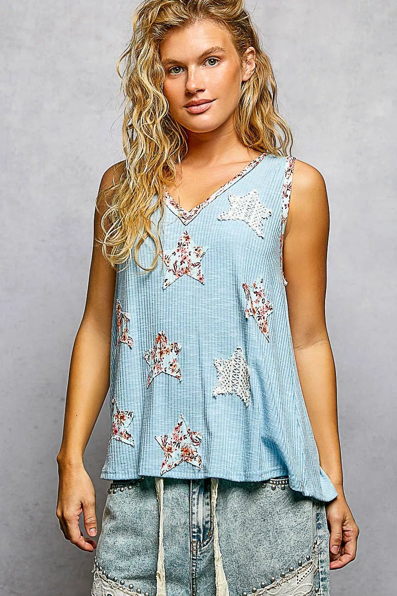 POL Washed Ribbed V - Neck Tank with Floral Print Star Patch - 
