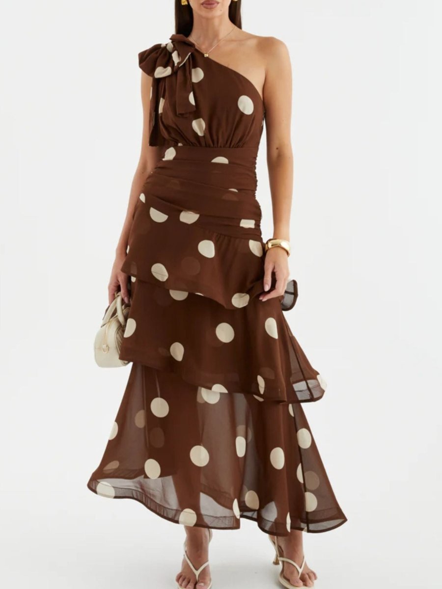 Polka Dot One - Shoulder Ruffle Dress - 
