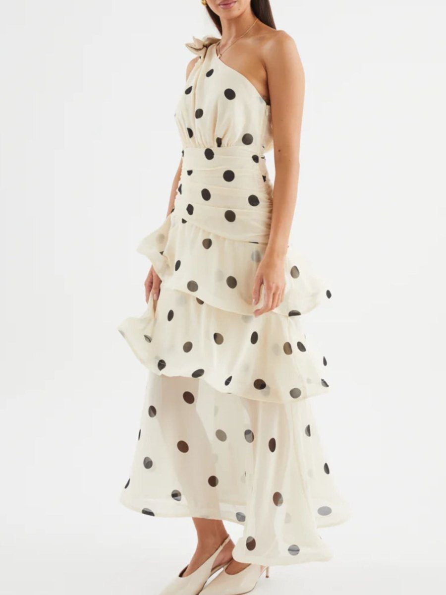 Polka Dot One - Shoulder Ruffle Dress - 