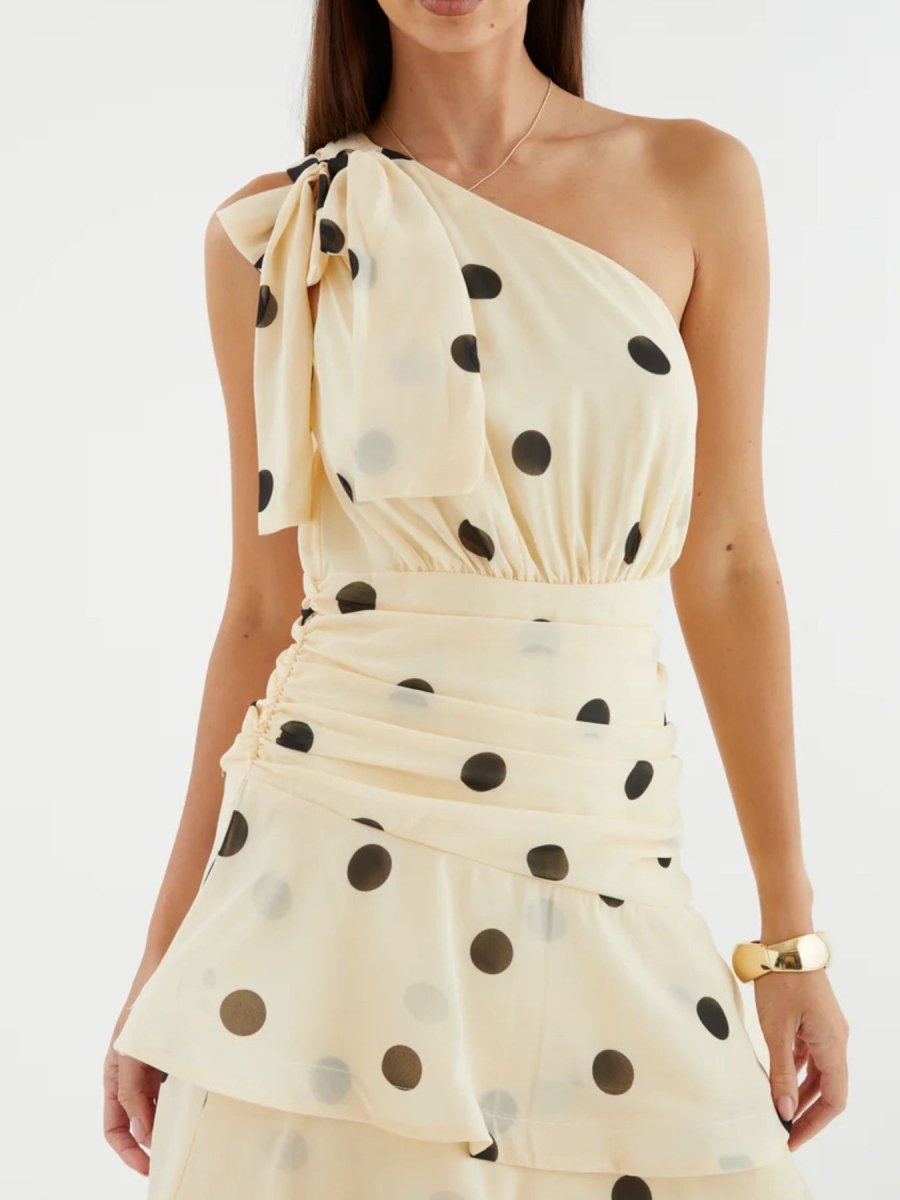 Polka Dot One - Shoulder Ruffle Dress - 