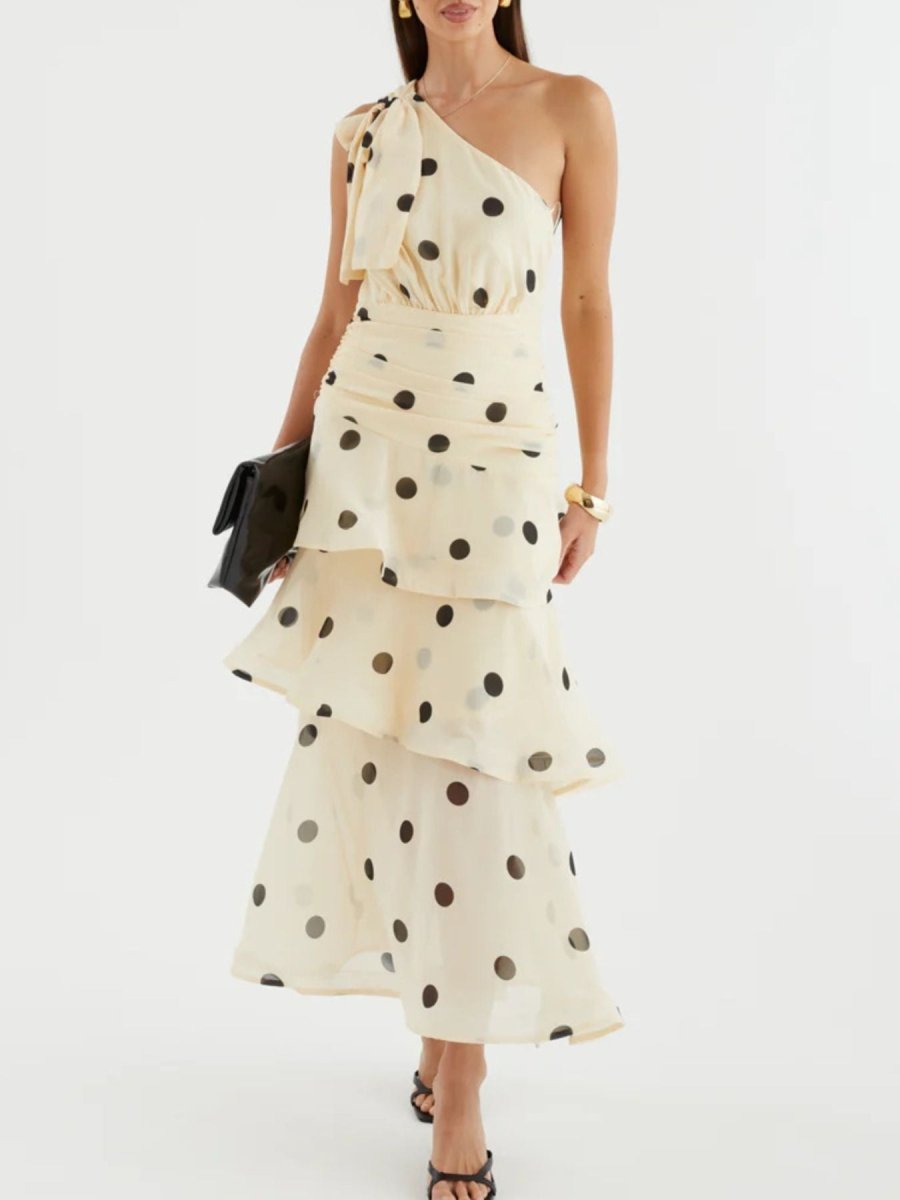 Polka Dot One - Shoulder Ruffle Dress - 