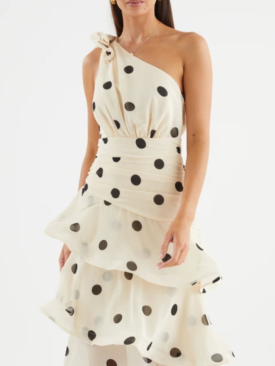 Polka Dot One - Shoulder Ruffle Dress - 