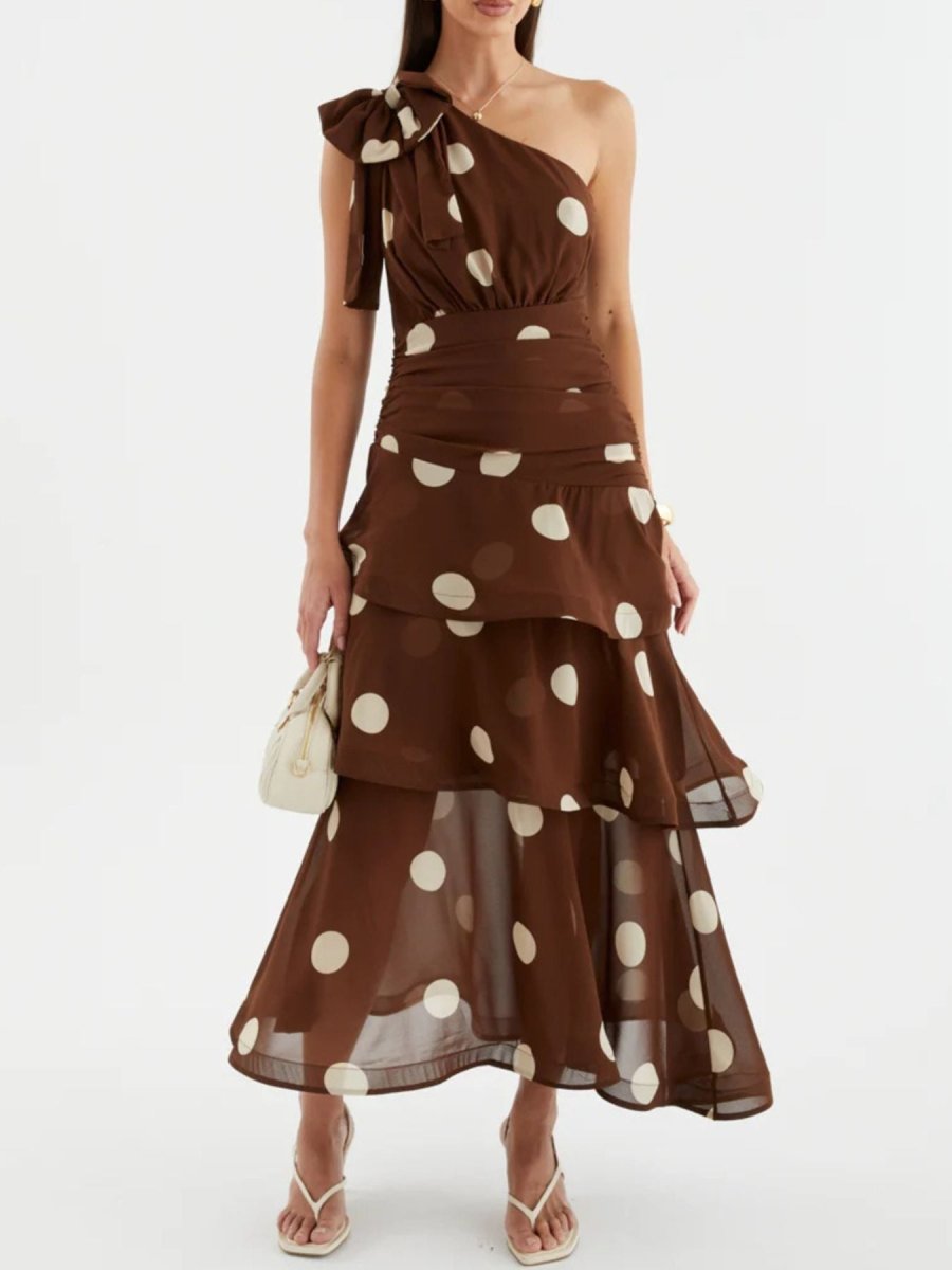 Polka Dot One - Shoulder Ruffle Dress - 
