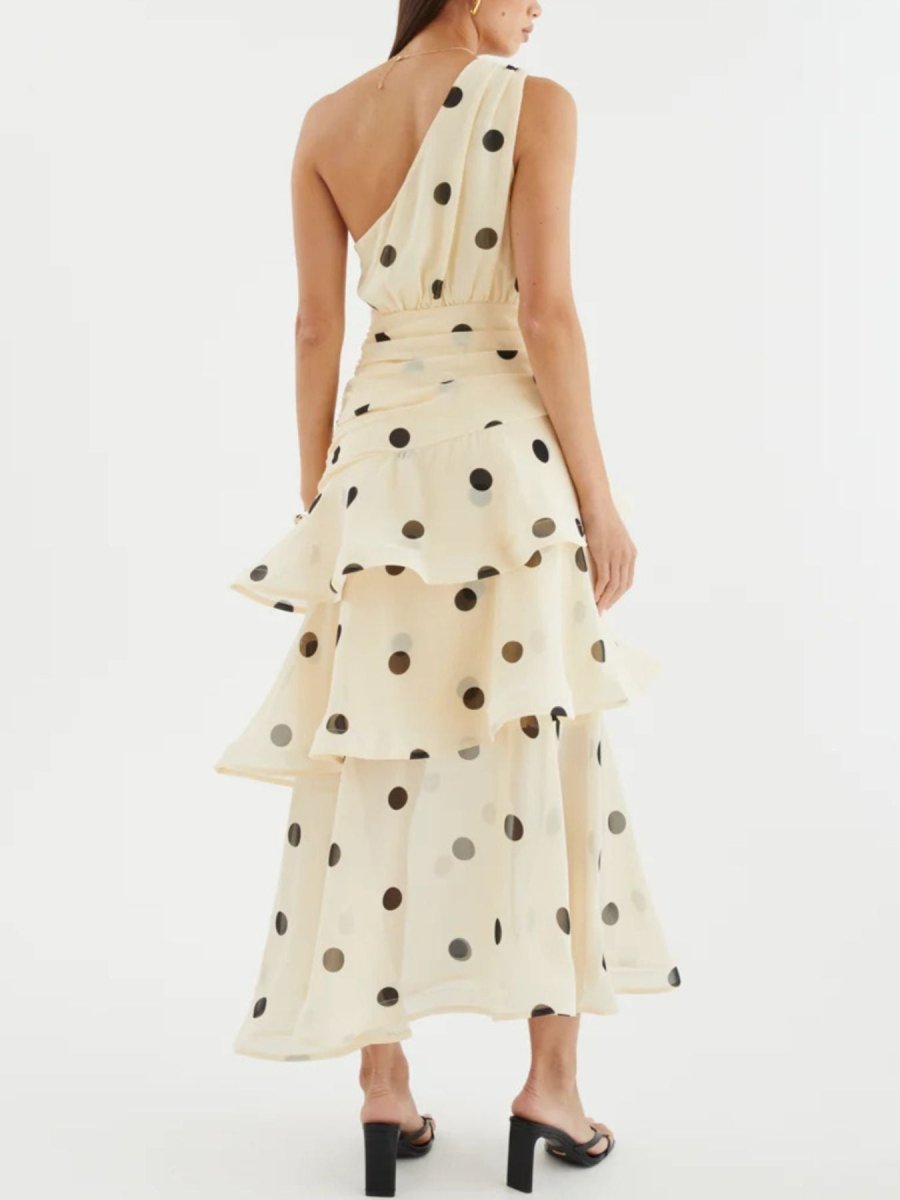 Polka Dot One - Shoulder Ruffle Dress - 