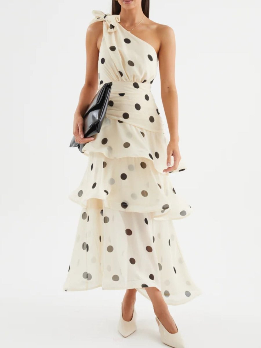 Polka Dot One - Shoulder Ruffle Dress - 