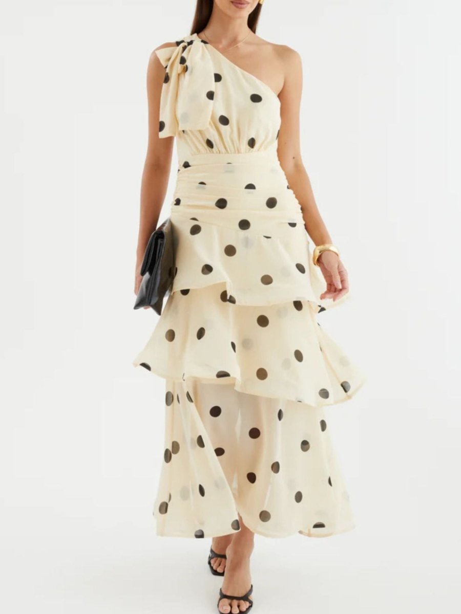 Polka Dot One - Shoulder Ruffle Dress - 