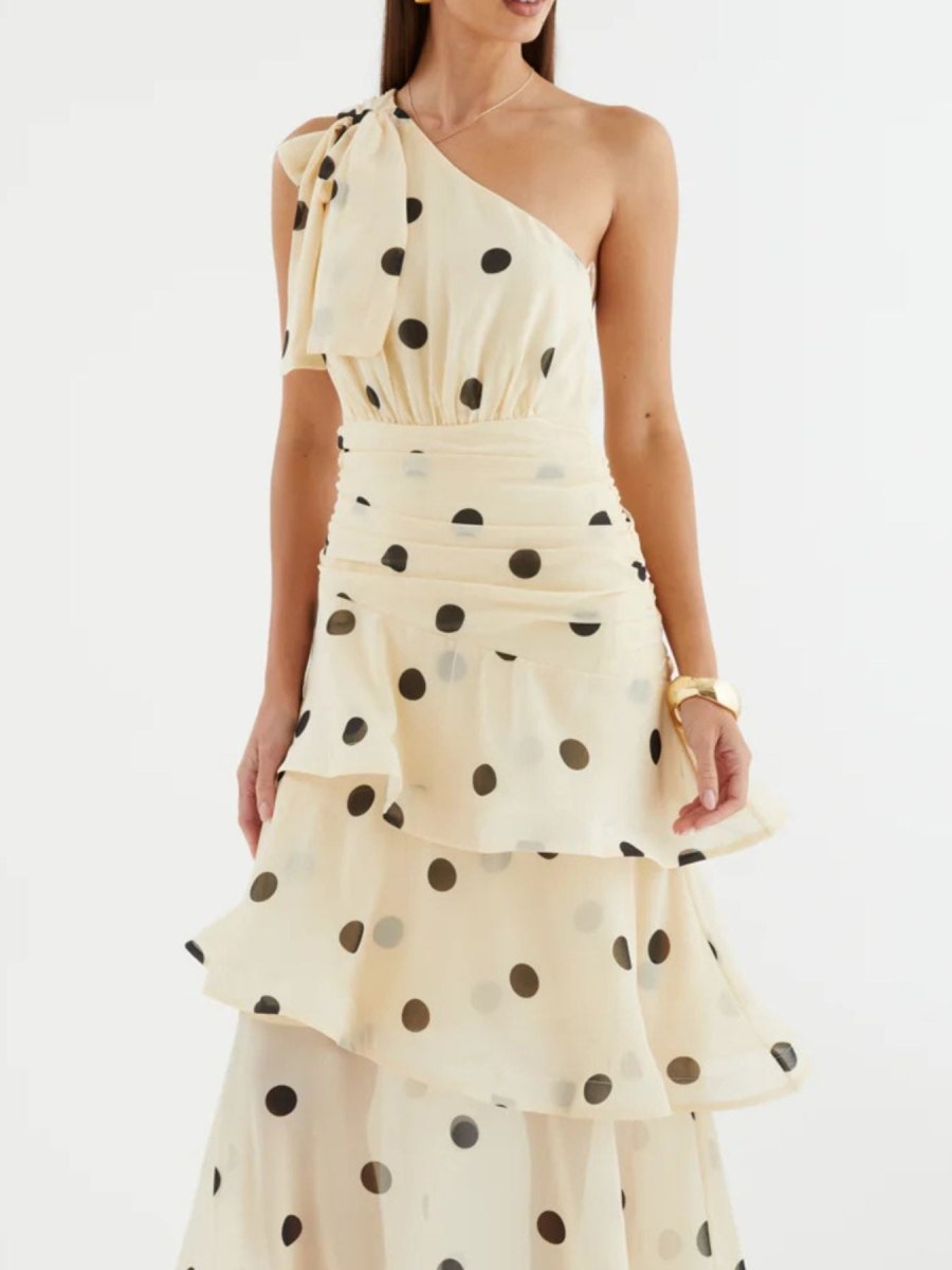 Polka Dot One - Shoulder Ruffle Dress - 