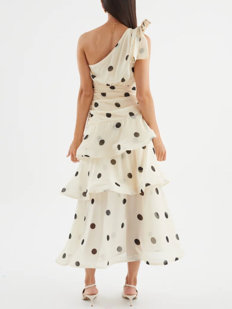 Polka Dot One - Shoulder Ruffle Dress - 