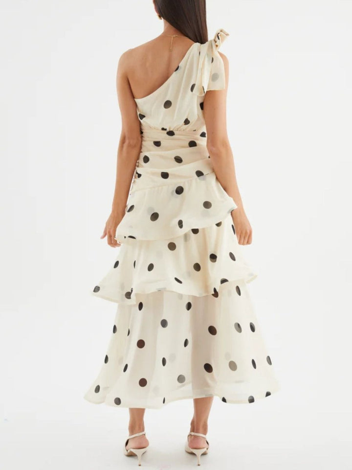 Polka Dot One - Shoulder Ruffle Dress - 