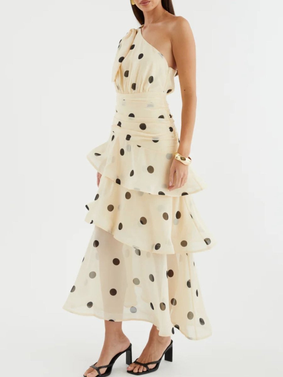 Polka Dot One - Shoulder Ruffle Dress - 