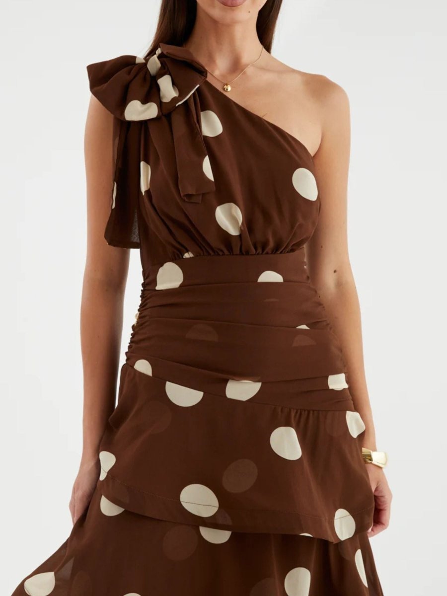 Polka Dot One - Shoulder Ruffle Dress - 