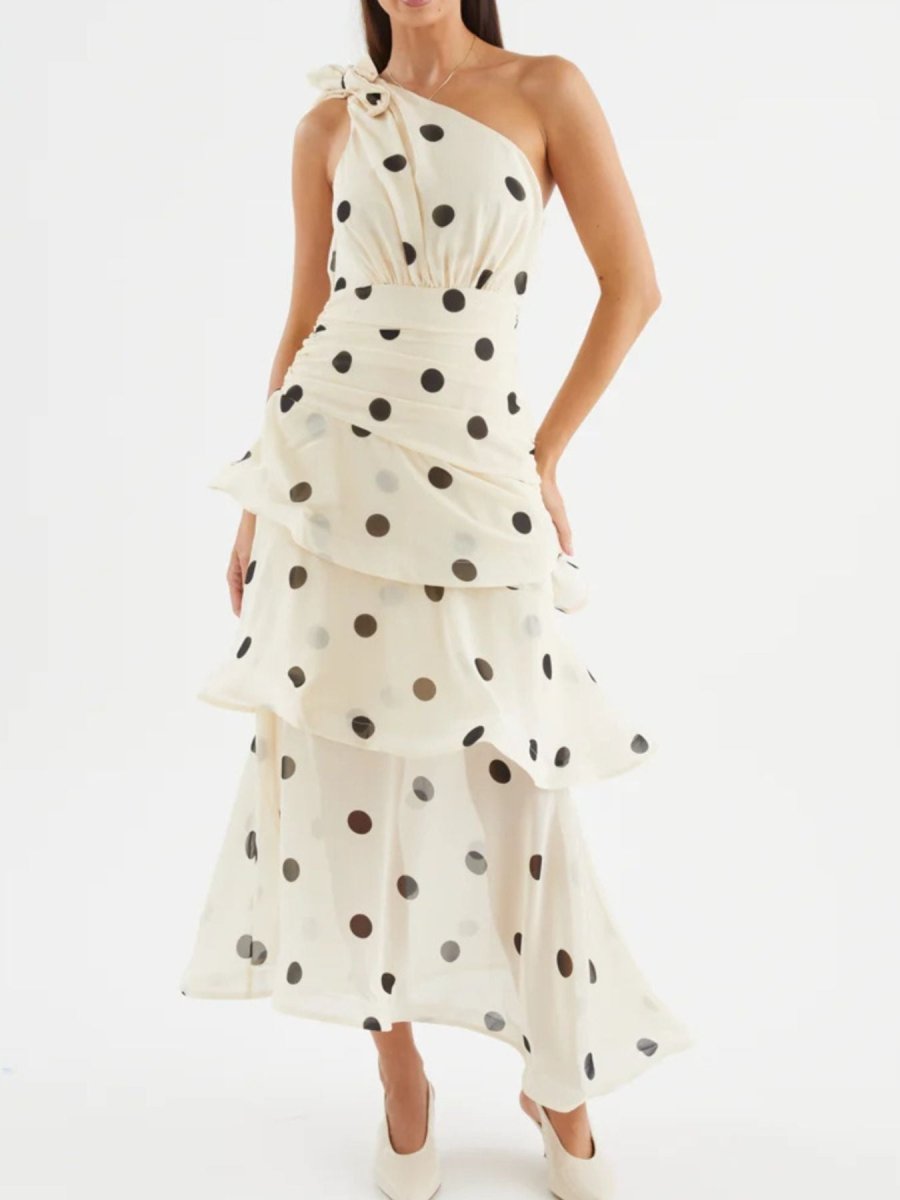 Polka Dot One - Shoulder Ruffle Dress - 