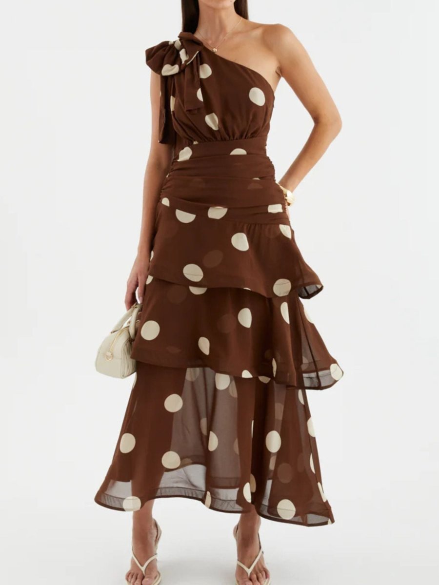 Polka Dot One - Shoulder Ruffle Dress - 