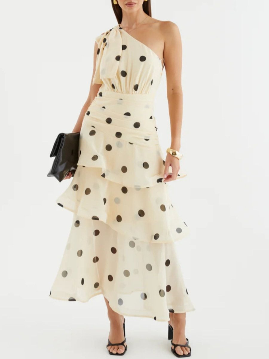 Polka Dot One - Shoulder Ruffle Dress - 