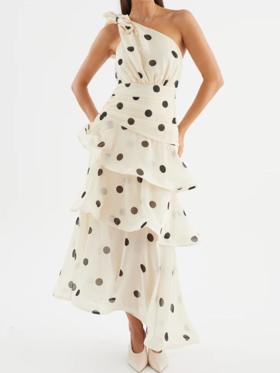 Polka Dot One - Shoulder Ruffle Dress - 