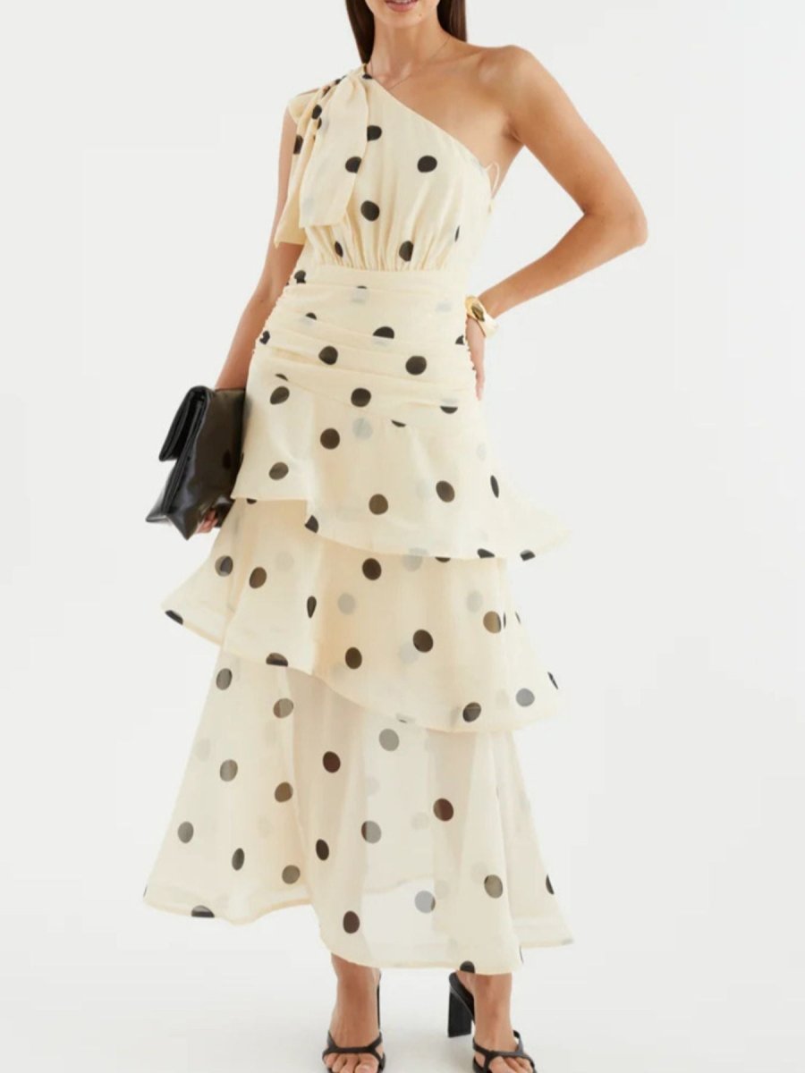 Polka Dot One - Shoulder Ruffle Dress - 