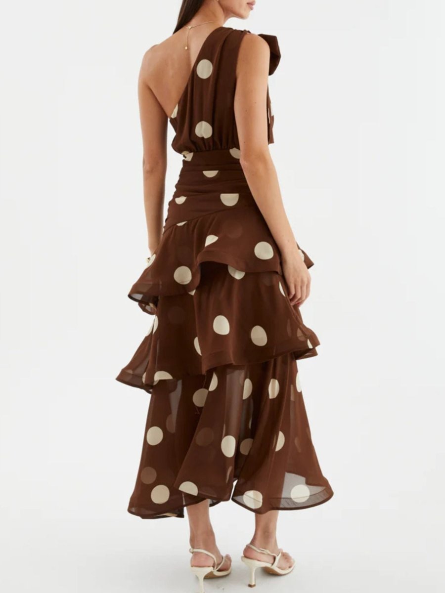 Polka Dot One - Shoulder Ruffle Dress - 
