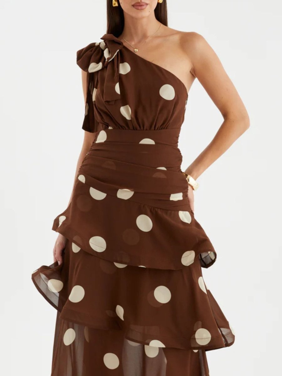 Polka Dot One - Shoulder Ruffle Dress - 
