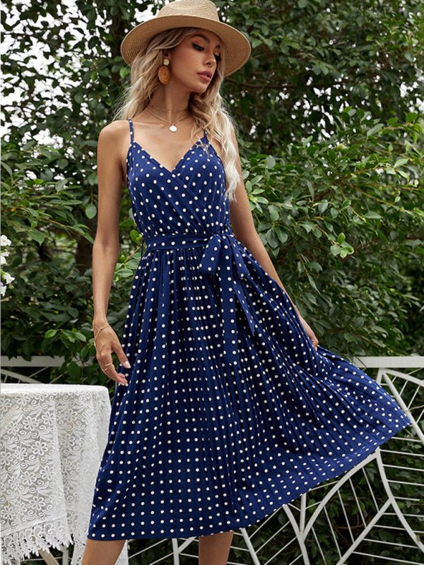 polka - dot slip dress mid - length lace - up pleated dress - Day Dress