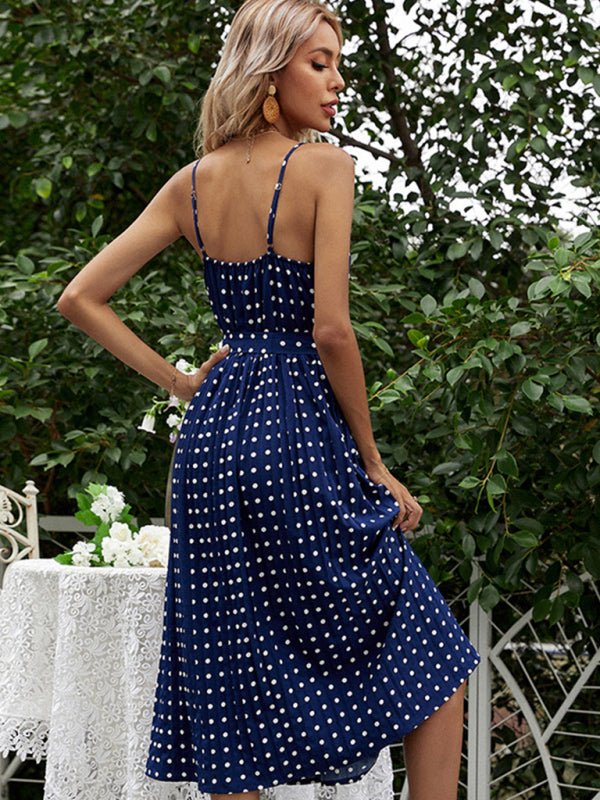 polka - dot slip dress mid - length lace - up pleated dress - Day Dress