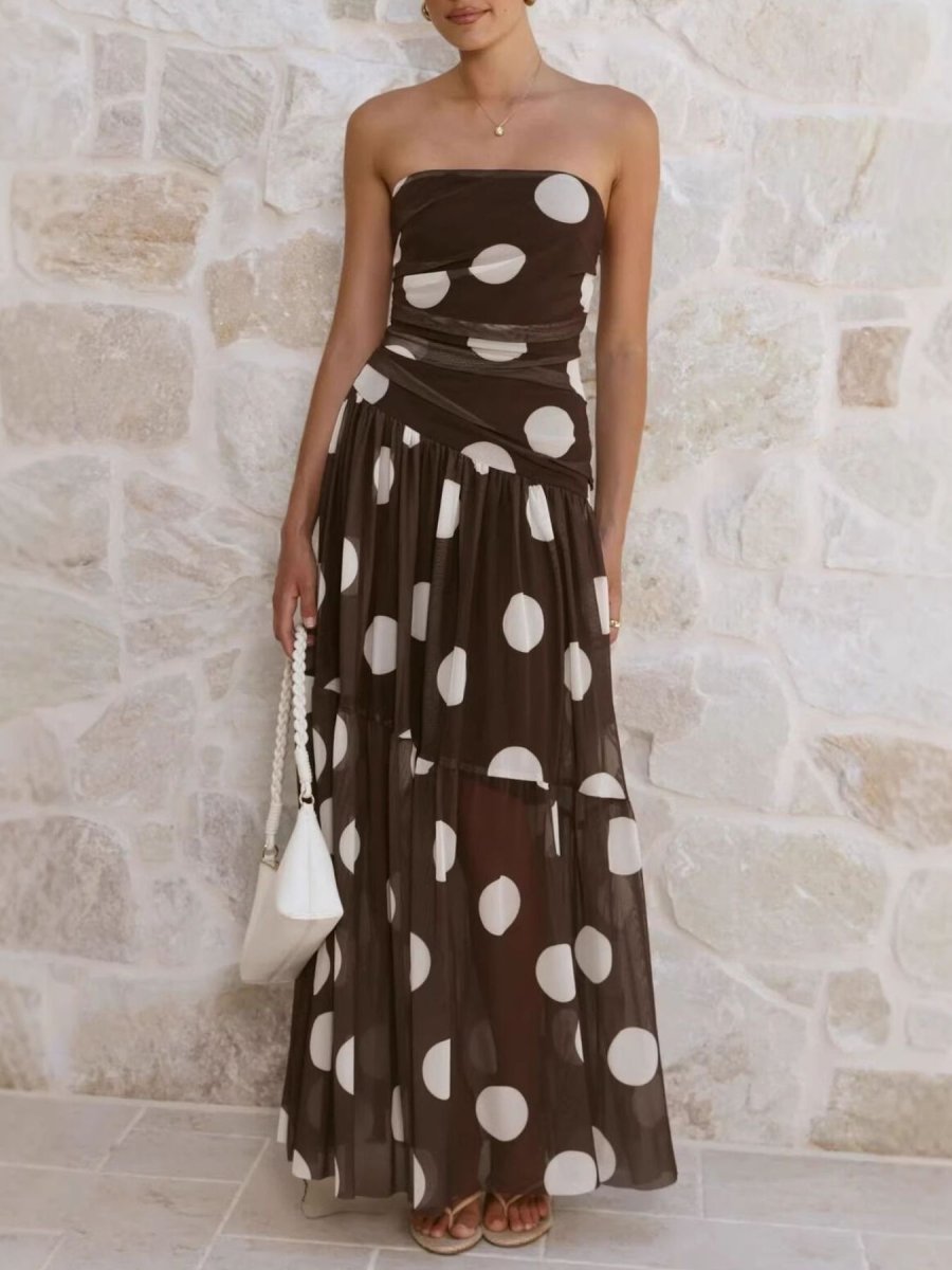 Polka Dot Strapless Ruched Maxi Dress - 