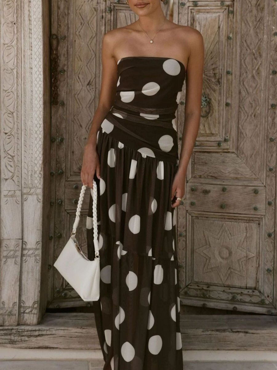 Polka Dot Strapless Ruched Maxi Dress - 