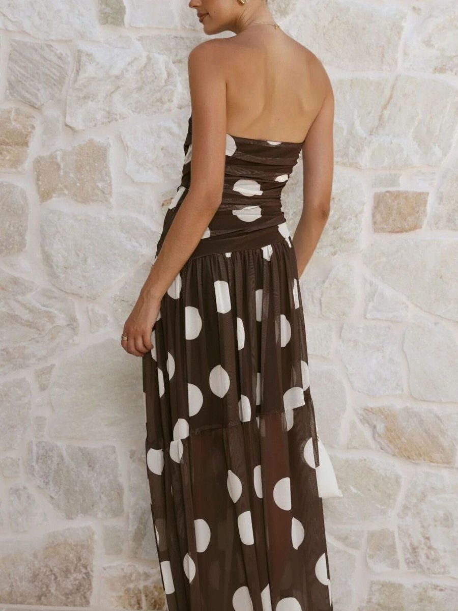 Polka Dot Strapless Ruched Maxi Dress - 